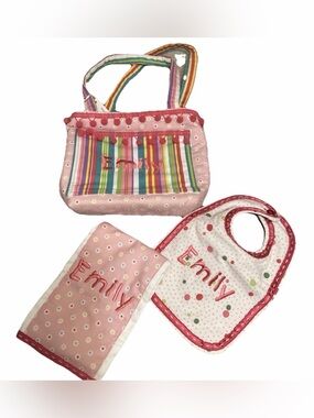 NWT Small Hand Made Diaper Bag with Bib Burp Cloth Emily Hand Sewn Baby Bag Pink